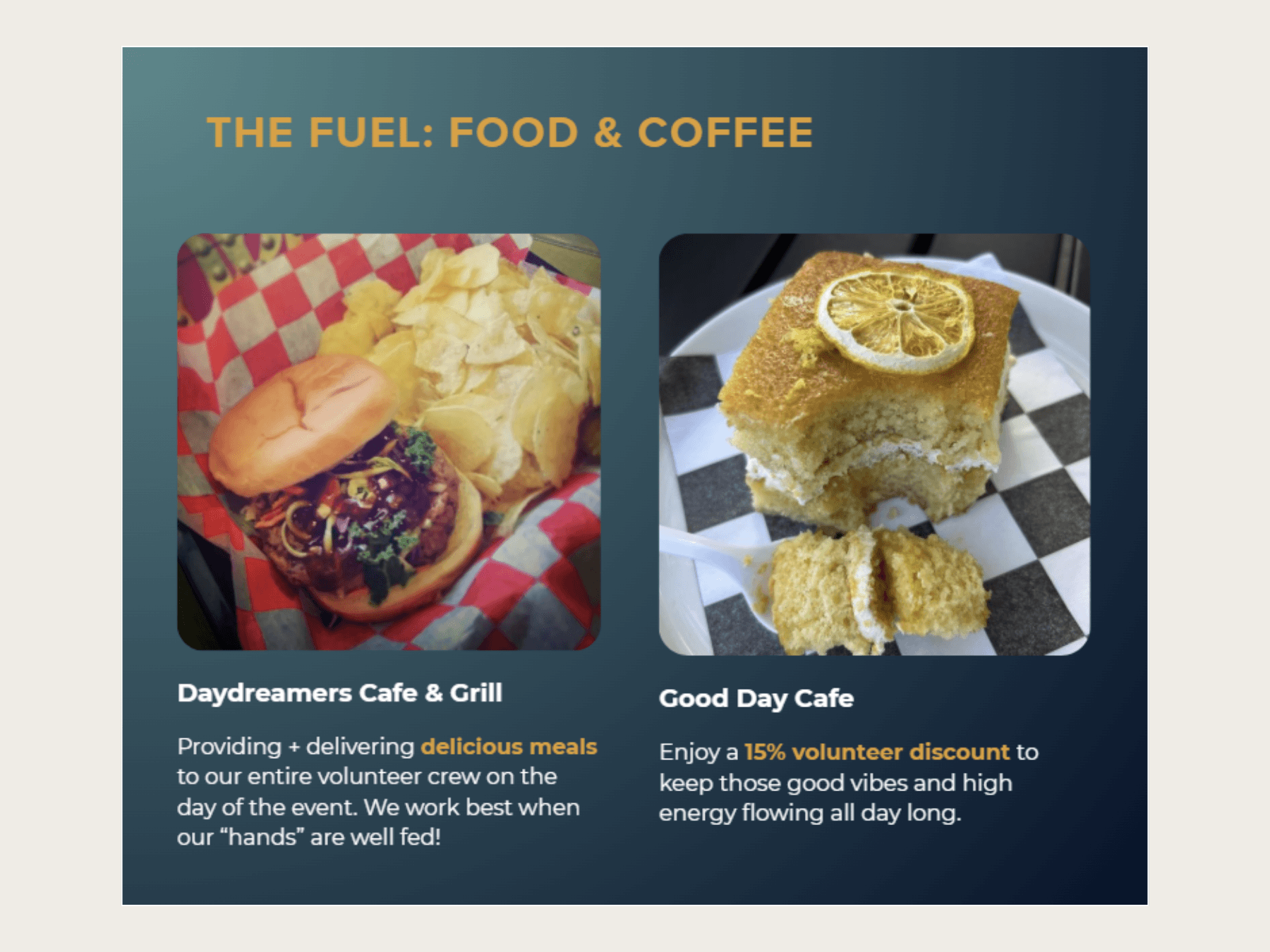 Graphic made by local social media manager about local businesses offering food to volunteers on event day