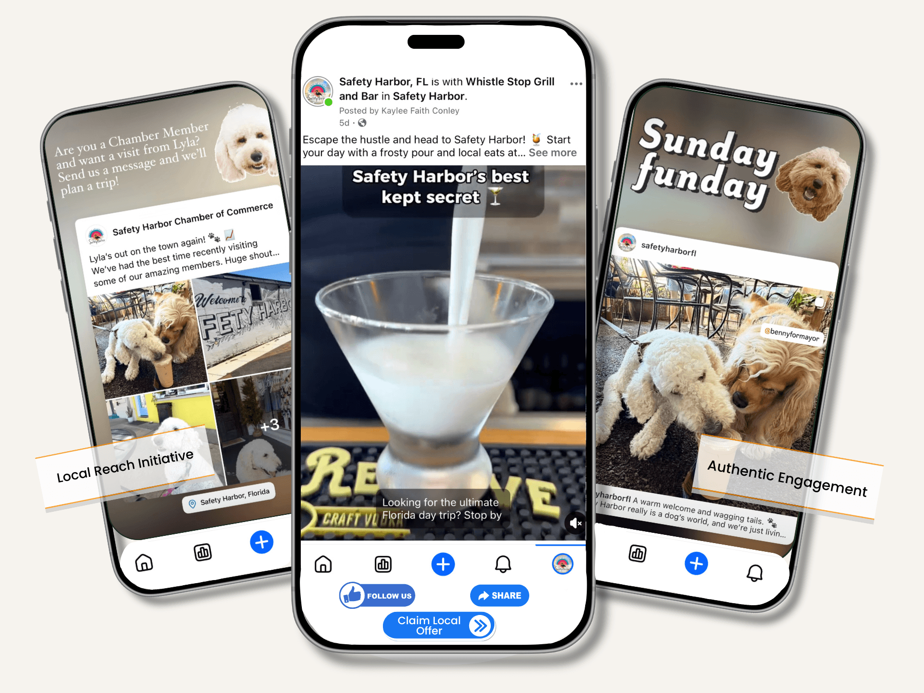 Mockup designs of social media posts created by Sunstate Studio, a local web designer from Holiday, for a local business in Safety Harbor.